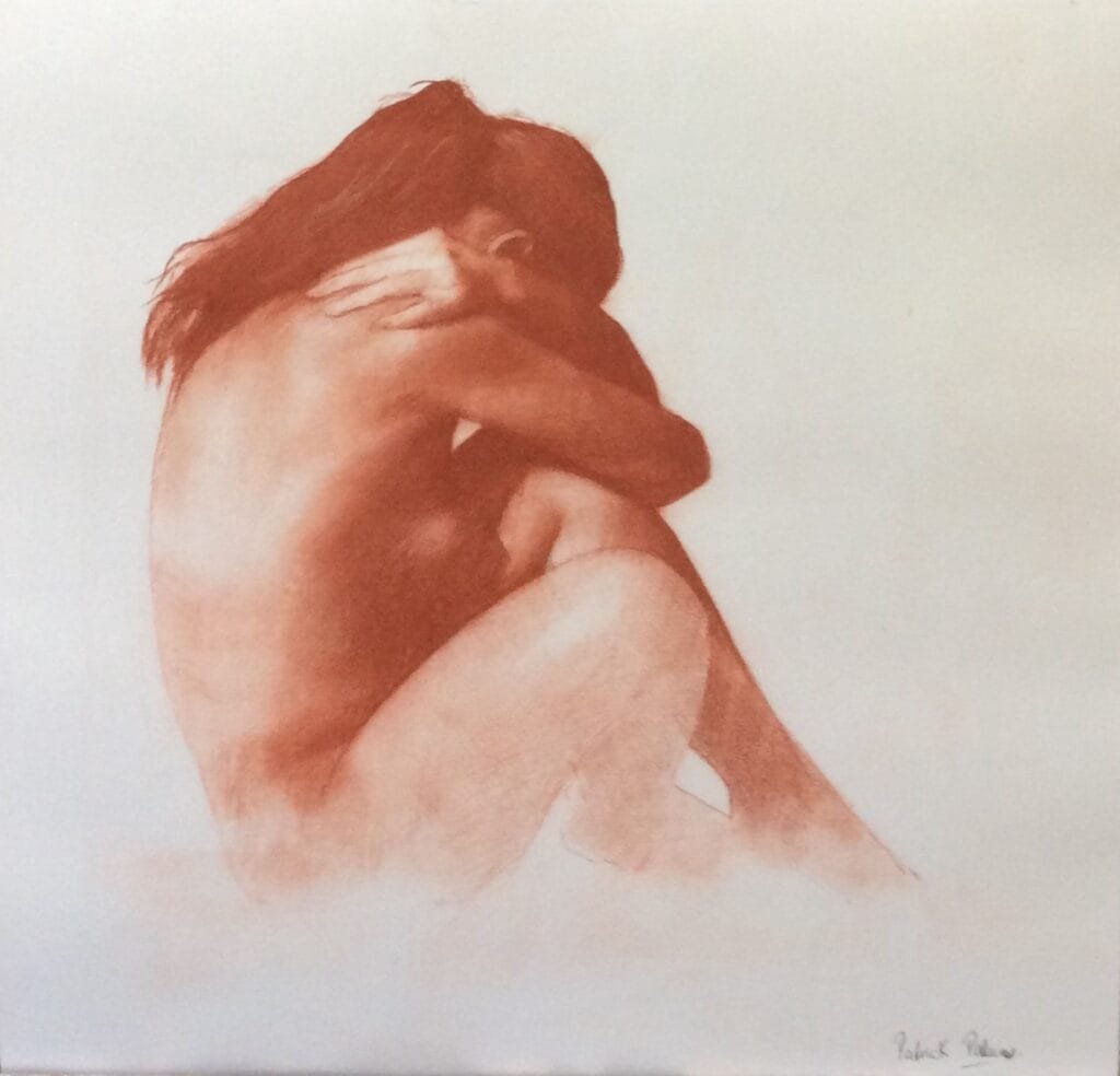 Nude figure in contemplative pose.