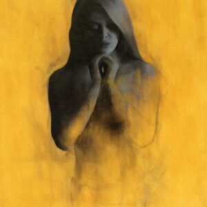 Monochrome Oil Painting by Patrick Palmer on Yellow ochre background. Standing woman in prayer. Title - 'Prayer '.