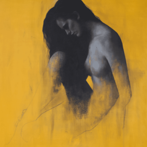 Monochrome Oil Painting by Patrick Palmer on Yellow ochre background. Thin woman seated. Title - 'Heart of Steel'.