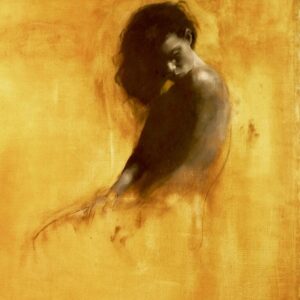 Monochrome Oil Painting by Patrick Palmer on Yellow ochre background. Woman seated and looking down and. to her left. Title - 'The Prettiest Girl in Town'.