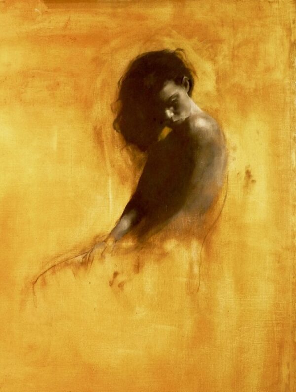 Monochrome Oil Painting by Patrick Palmer on Yellow ochre background. Woman seated and looking down and. to her left. Title - 'The Prettiest Girl in Town'.