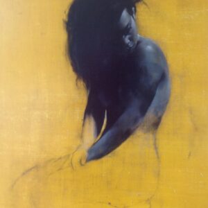 Monochrome Oil Painting by Patrick Palmer on Yellow ochre background. Woman seated and looking to her left. Title ‘Beauty’.