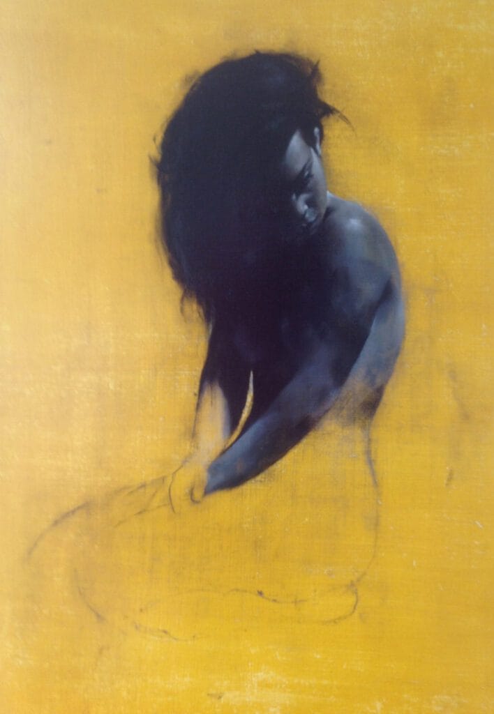 Monochrome Oil Painting by Patrick Palmer on Yellow ochre background. Woman seated and looking to her left. Title ‘Beauty’.