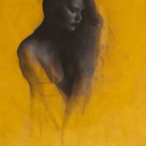 Monochrome Oil Painting on yellow background by Patrick Palmer. Titled 'Grace'. The pose is of a girl's head with long flowing hair and looking down to her left.