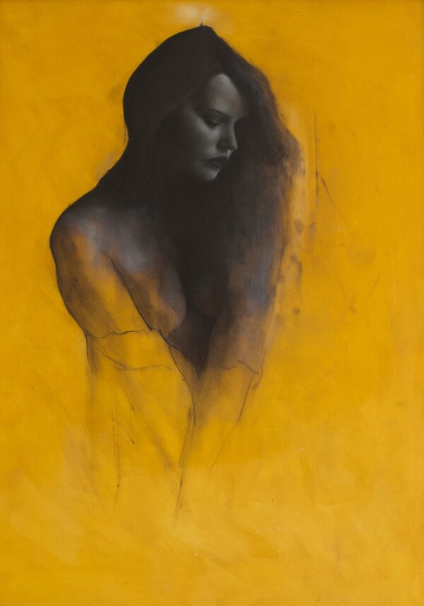 Monochrome Oil Painting on yellow background by Patrick Palmer. Titled 'Grace'. The pose is of a girl's head with long flowing hair and looking down to her left.