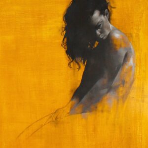 Monochrome Oil Painting by Patrick Palmer on Yellow ochre background. Woman seated and looking to her left, side view. Title - 'Musings in Yellow'.