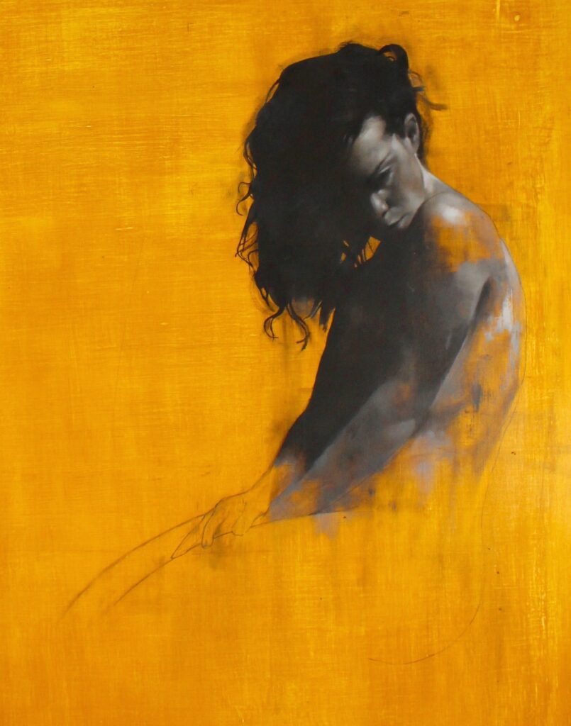 Monochrome Oil Painting by Patrick Palmer on Yellow ochre background. Woman seated and looking to her left, side view. Title - 'Musings in Yellow'.