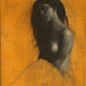 Monochrome Oil Painting on yellow background by Patrick Palmer. Titled 'Sophia'. The pose is of a girl seated looking to her right.