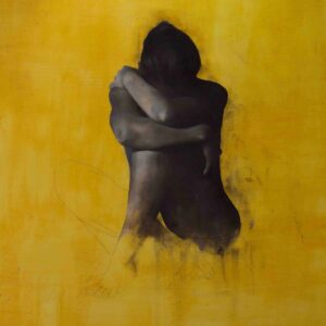 Monochrome Oil Painting on yellow background by Patrick Palmer. Titled 'The Storm Inside'. The pose is of a girl seated with her head by her knees.