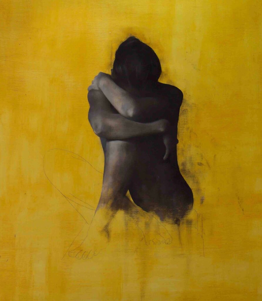 Monochrome Oil Painting on yellow background by Patrick Palmer. Titled 'The Storm Inside'. The pose is of a girl seated with her head by her knees.