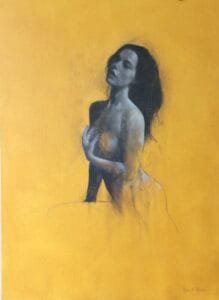 Monochrome Oil Painting by Patrick Palmer on Yellow ochre background. Woman seated and looking up with hand on her chest. Title - 'Within Me'.