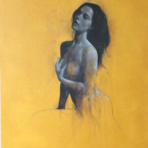 Monochrome Oil Painting by Patrick Palmer on Yellow ochre background. Woman seated and looking up with hand on her chest. Title - 'Within Me'.