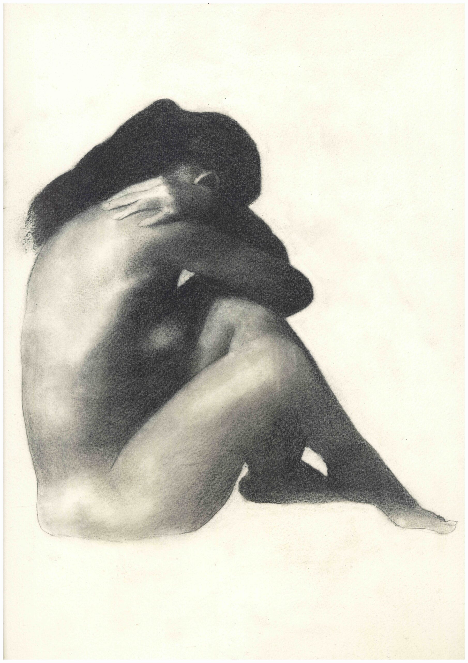 Embrace graphite drawing of seated girl