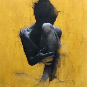 Monochrome sketchy Oil Painting of seated woman with head in her knees - front view - by Patrick Palmer on Yellow background. The title is 'When the Storm Comes'.