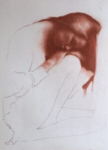 Abstract figure in contemplative pose.