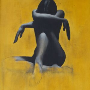 Monochrome sketchy Oil Painting of seated woman with head in her knees - front view - by Patrick Palmer on Yellow background. The title is 'Crying Lightly'.