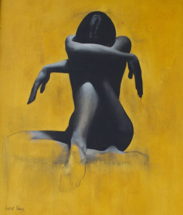 Monochrome sketchy Oil Painting of seated woman with head in her knees - front view - by Patrick Palmer on Yellow background. The title is 'Crying Lightly'.