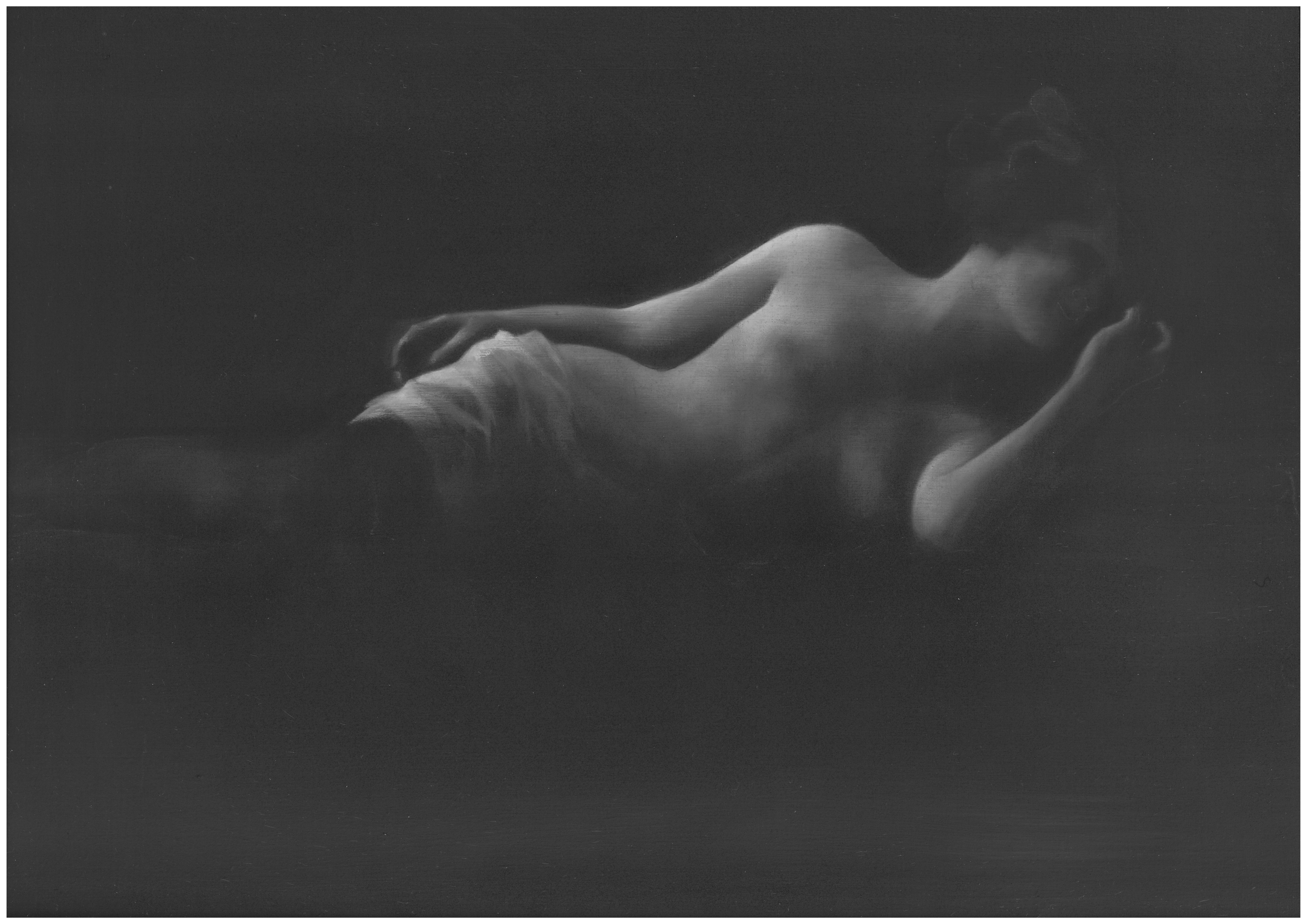 Sleeping Nude. Monochrome oil painting.