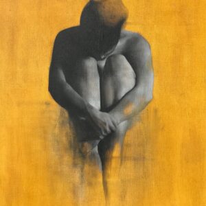 Monochrome sketchy Oil Painting of seated woman with head in her knees - front view - by Patrick Palmer on Yellow background. The title is 'The Dream'.