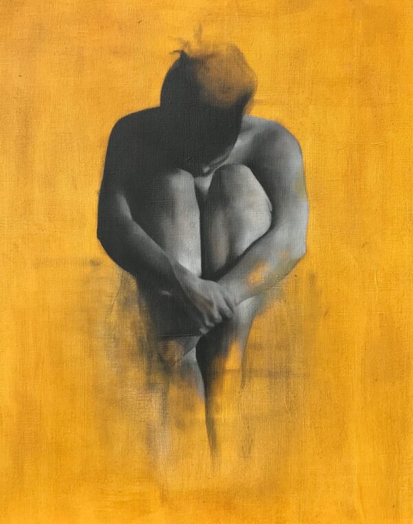 Monochrome sketchy Oil Painting of seated woman with head in her knees - front view - by Patrick Palmer on Yellow background. The title is 'The Dream'.