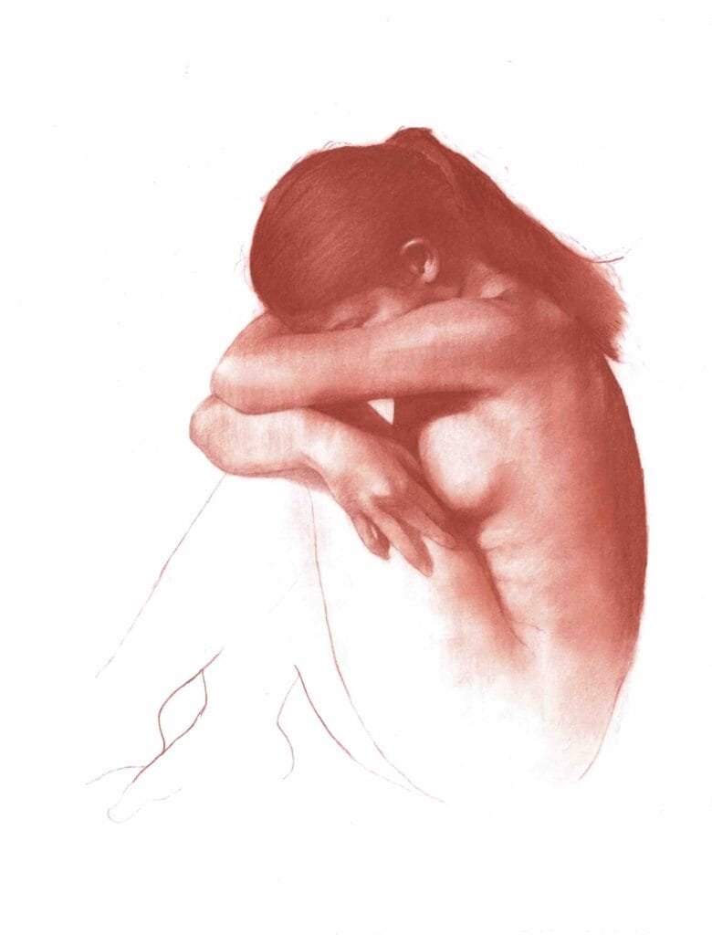 Nude figure curled in introspection.