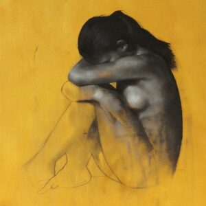 Monochrome sketchy Oil Painting of seated woman with head in her knees by Patrick Palmer on Yellow background. The title of the painting is 'Hidden'.