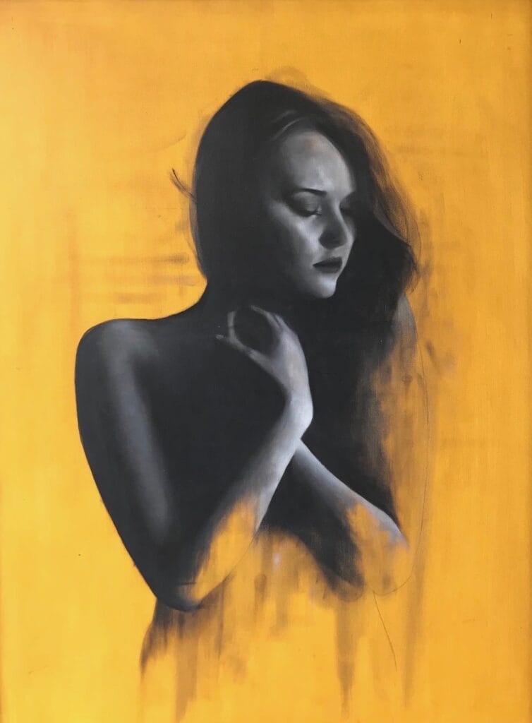 Oil Painting by Patrick Palmer on Yellow background of the model Carla Monaco.