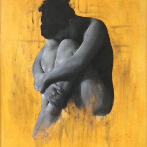 Monochrome sketchy Oil Painting of seated woman with head in her knees by Patrick Palmer on Yellow background.