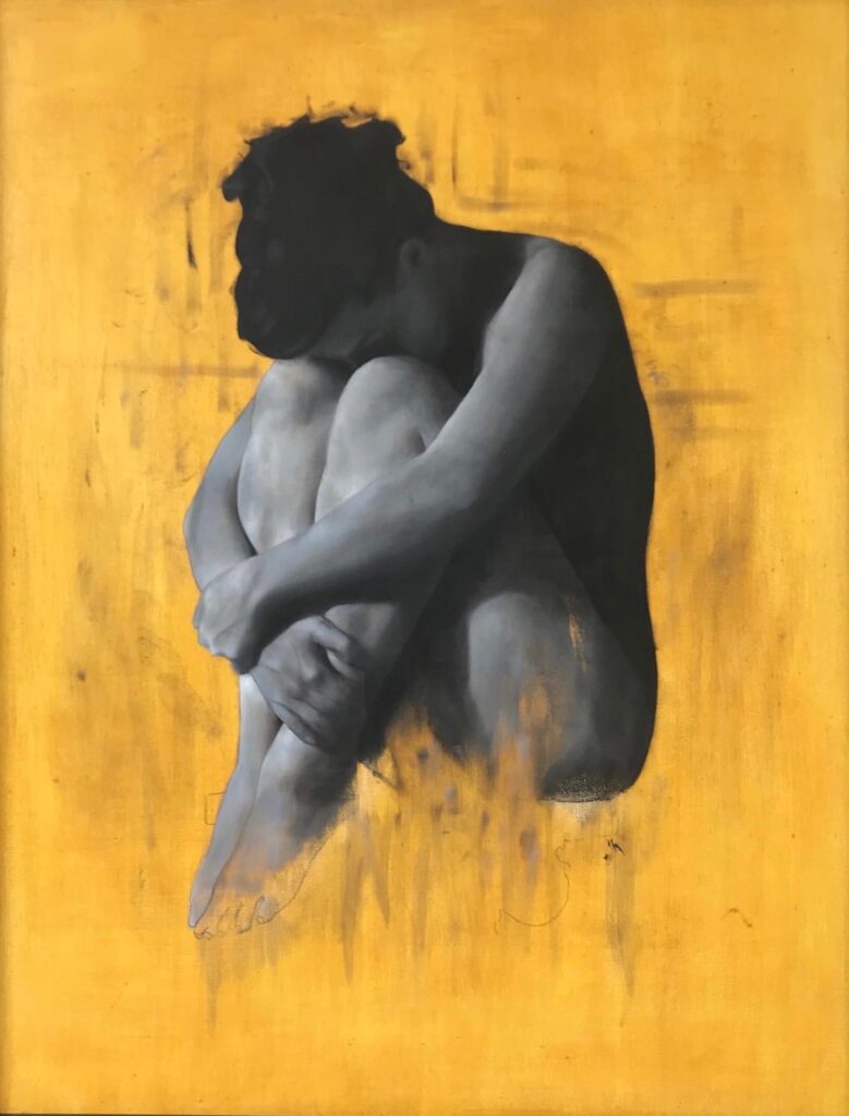 Monochrome sketchy Oil Painting of seated woman with head in her knees by Patrick Palmer on Yellow background.