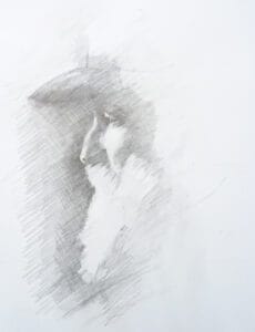 A pencil sketch with soft, shaded lines depicts an abstract face in profile, partially obscured by shadows, reminiscent of original figurative art for sale. The features are indistinct and blend into the surrounding shading on a plain white background.