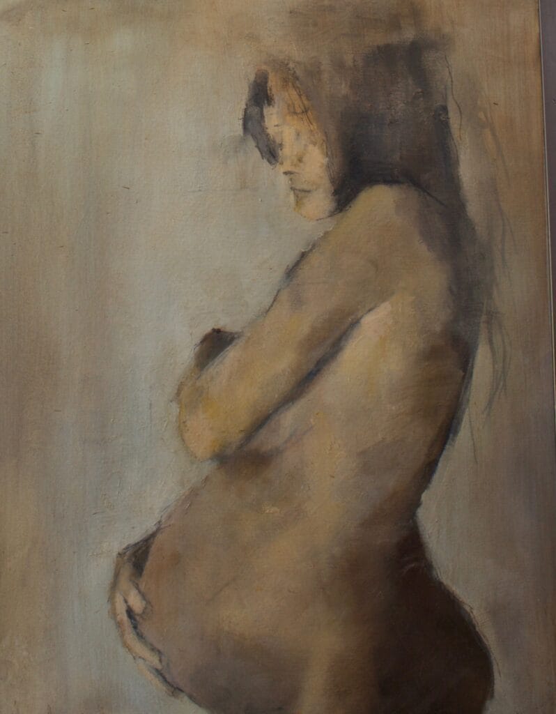 Oil painting by Patrick Palmer, of a pregnant woman, side view, hand on tummy. Main colour brown.