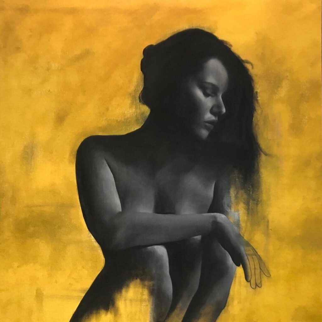 Abstract figure against yellow background.