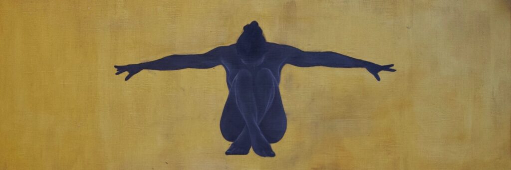 A silhouette of a person sitting with knees bent and arms outstretched horizontally against a textured, yellowish-brown background.