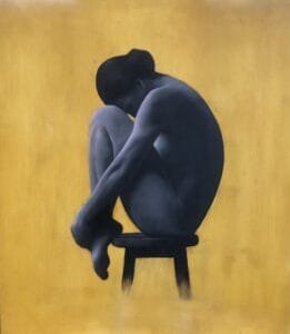 A person sits curled up on a stool, hugging their knees to their chest, head down. This piece is painted in shades of blue against a yellow background—an evocative example of contemporary figurative art for sale.