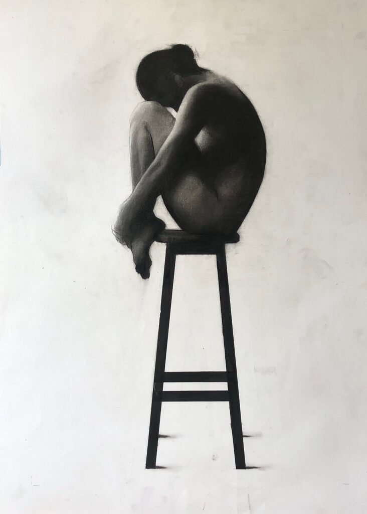 Girl on Stool charcoal 70 x 50 cms