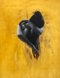 Look Away, oil painting on yellow canvas