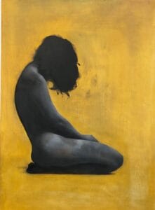 Silence" is a grayscale figurative painting depicting a nude figure with long hair, kneeling and sitting on their legs, head bowed against a textured yellow background. The intimate pose evokes introspection and quiet beauty.